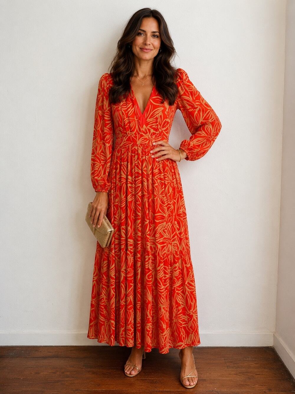 TOCCIN Orange Red Sunset Leaf Print Long Sleeve Deep V-Neck Maxi Gown size 8